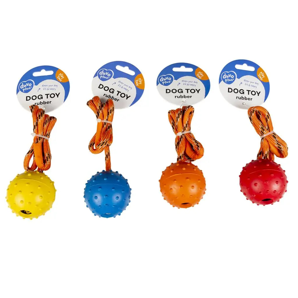 Duvo+ Rubber Dental Ball with Rope 33cm | Fetch & Tug Toy with Dental Bumps