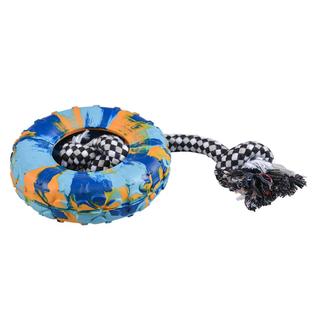 Duvo+ Rubber Tire Smash & Cotton Rope M | Durable Interactive Dog Tug Toy with Rope