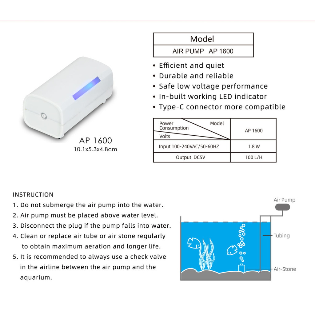 KW Zone AP1600 Silent Air Pump (Without Adapter) | Quiet Aquarium Air Pump | Oxygen Pump for Fish Tanks