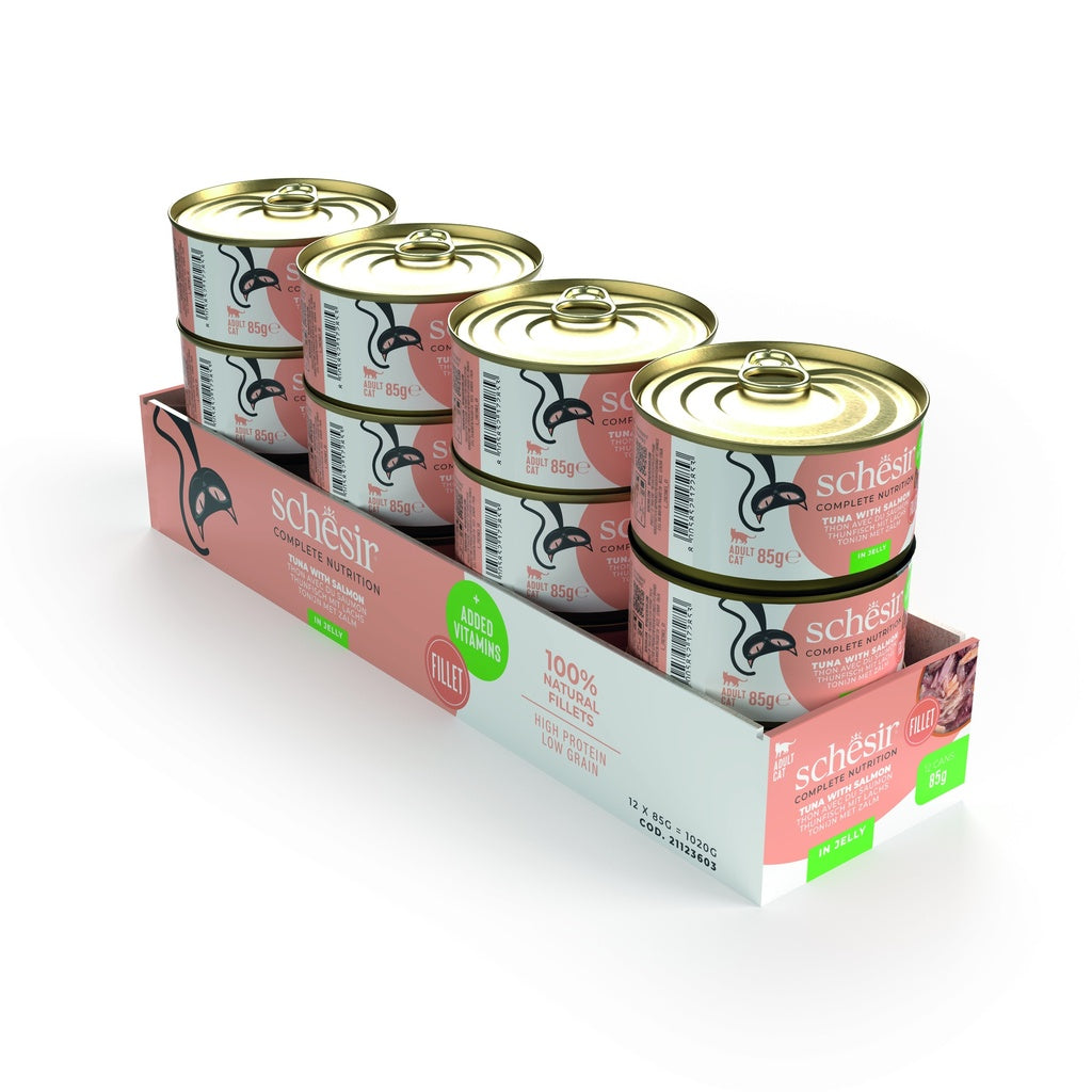 Schesir Complete & Balanced Tuna with Salmon in Jelly | Added Vitamins | 100% Natural Fillets | Adult Cat | 85g