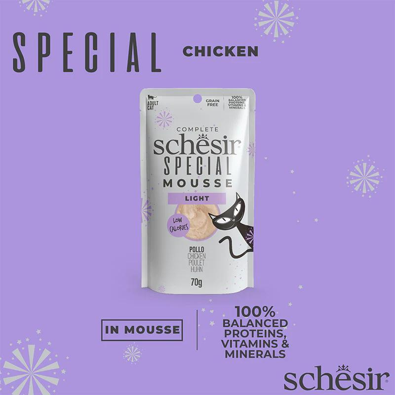 Schesir Special Mousse Light Chicken | Low Calories | Complete | Grain Free | Weight Management | Adult Cat | 12x70g
