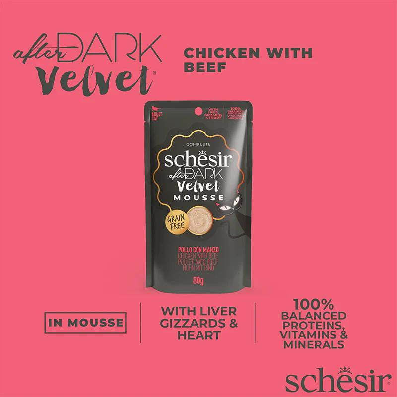 Schesir After Dark Velvet Mousse Chicken with Beef | With Liver, Gizzards & Heart | Complete | Grain Free | Adult Cat | 12x80g