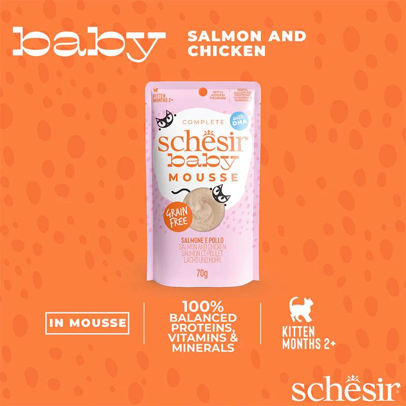 Schesir Baby Mousse Kitten Salmon and Chicken | With DHA & Taurine | Complete | Grain Free | 12x70g