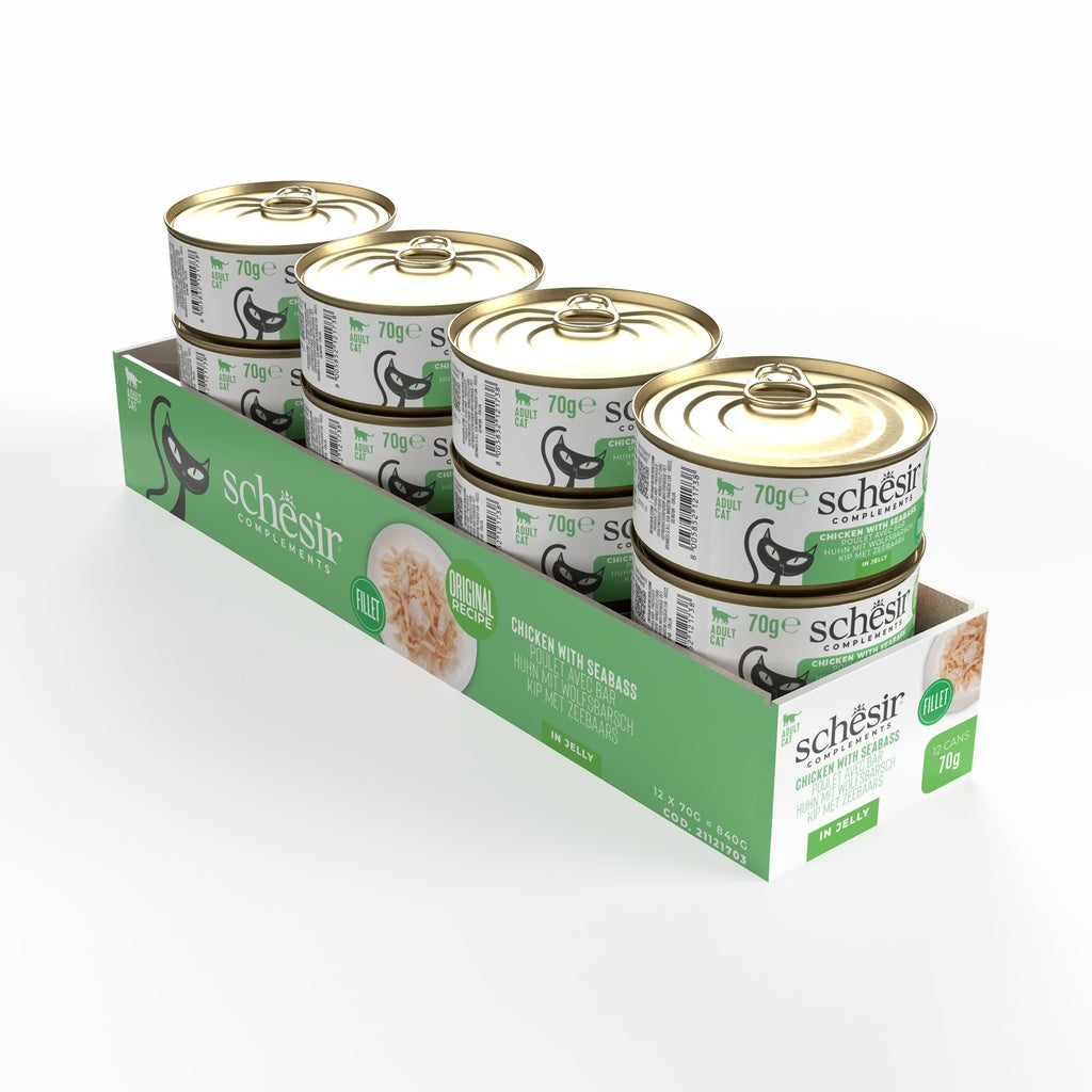 Schesir Complements Chicken with Seabass in Jelly | Fillet in Jelly | Complementary Cat Food | 70g x 12