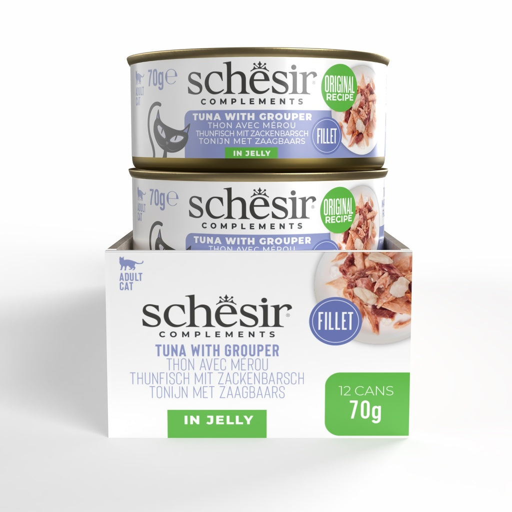 Schesir Complements Tuna with Grouper in Jelly | 51% Tuna, 6% Grouper | Complementary Cat Food | 70g x 12