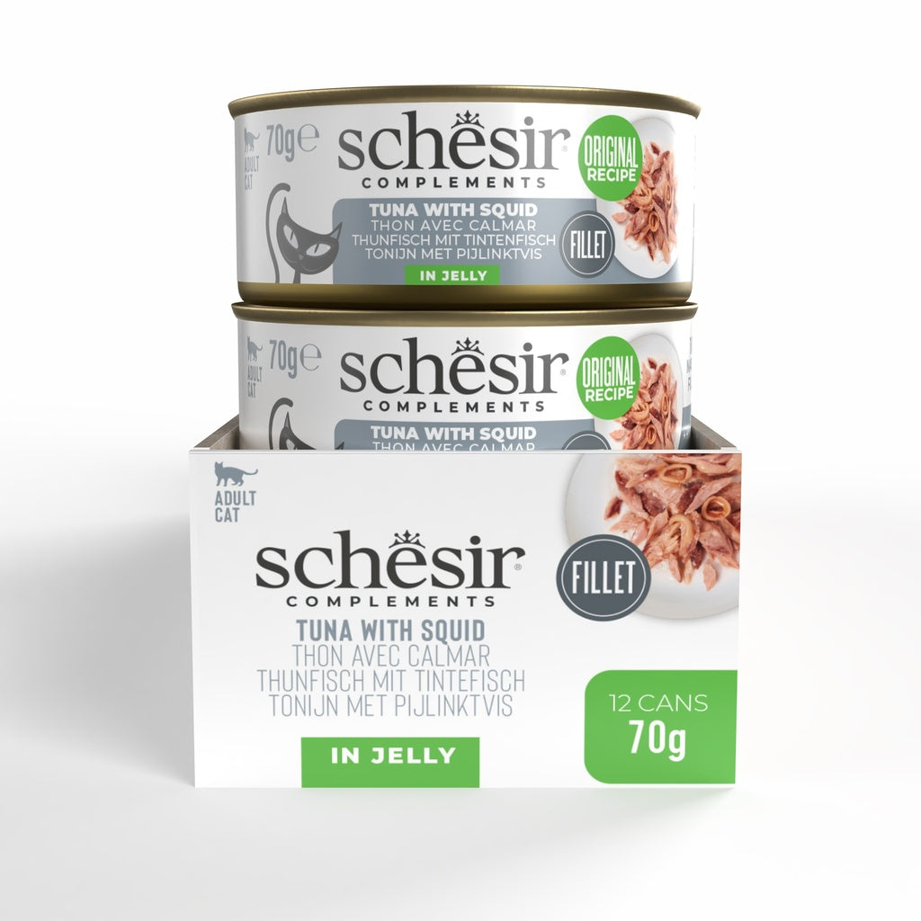 Schesir Complements Tuna with Squid in Jelly | 51% Tuna, 6% Squid | Complementary Cat Food | 70g x 12