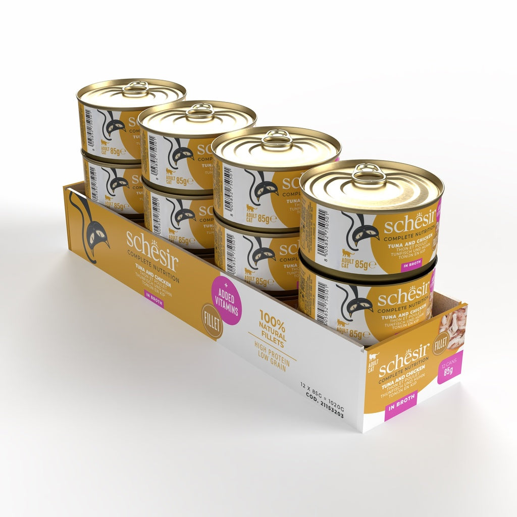Schesir Complete Tuna with Chicken in Broth | 100% Natural Fillets | Added Vitamins | Adult Cat | 12x85g