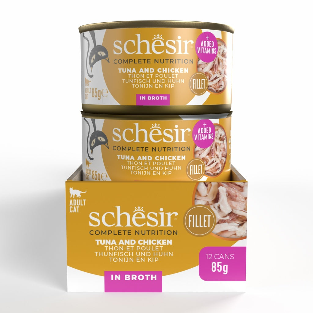 Schesir Complements Tuna with Chicken in Broth | 100% Natural Fillets | Original Recipe | Complementary Cat Food | 12x70g