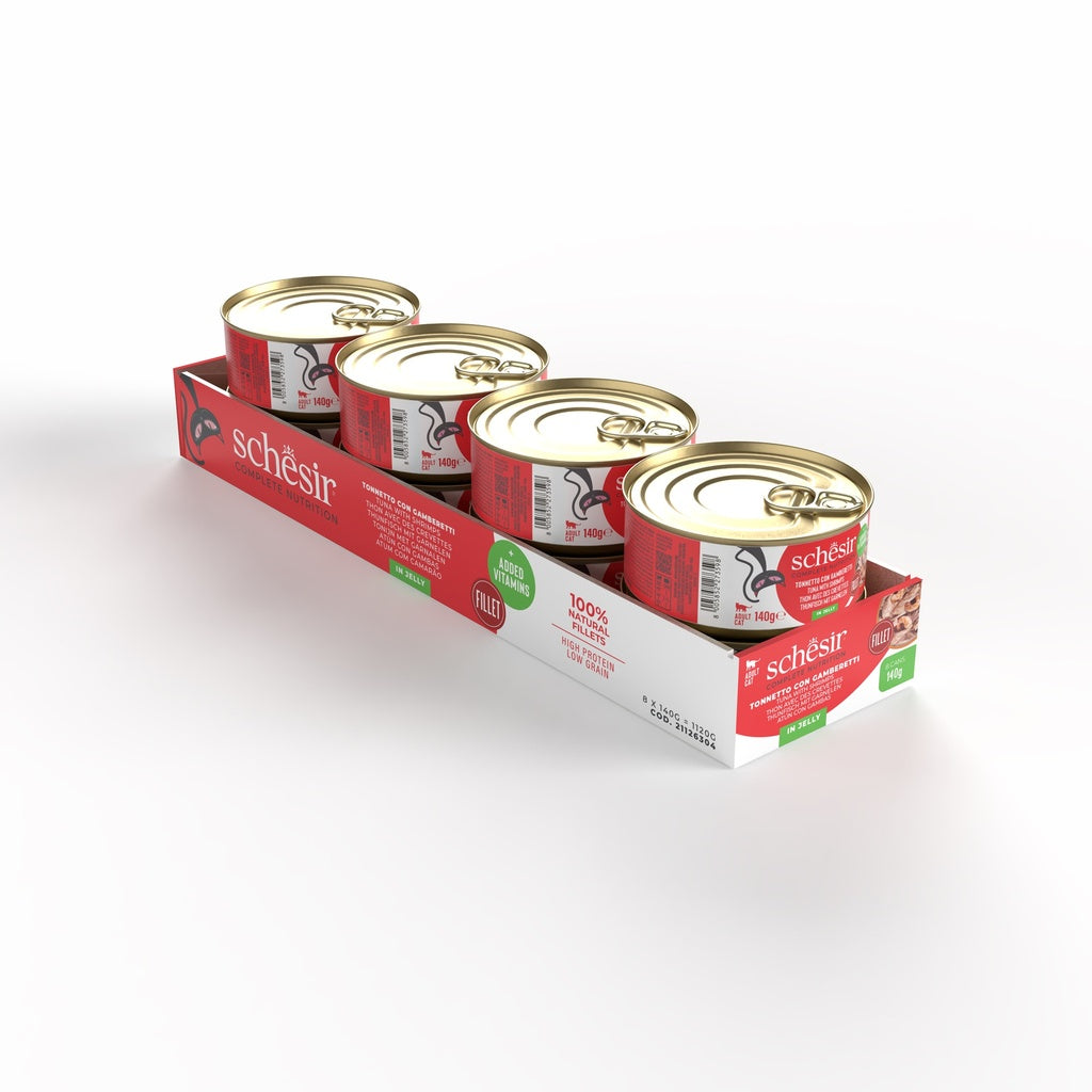 Schesir Complete Tuna with Shrimp in Jelly | 100% Natural Fillets | Added Vitamins | Adult Cat | 8x140g