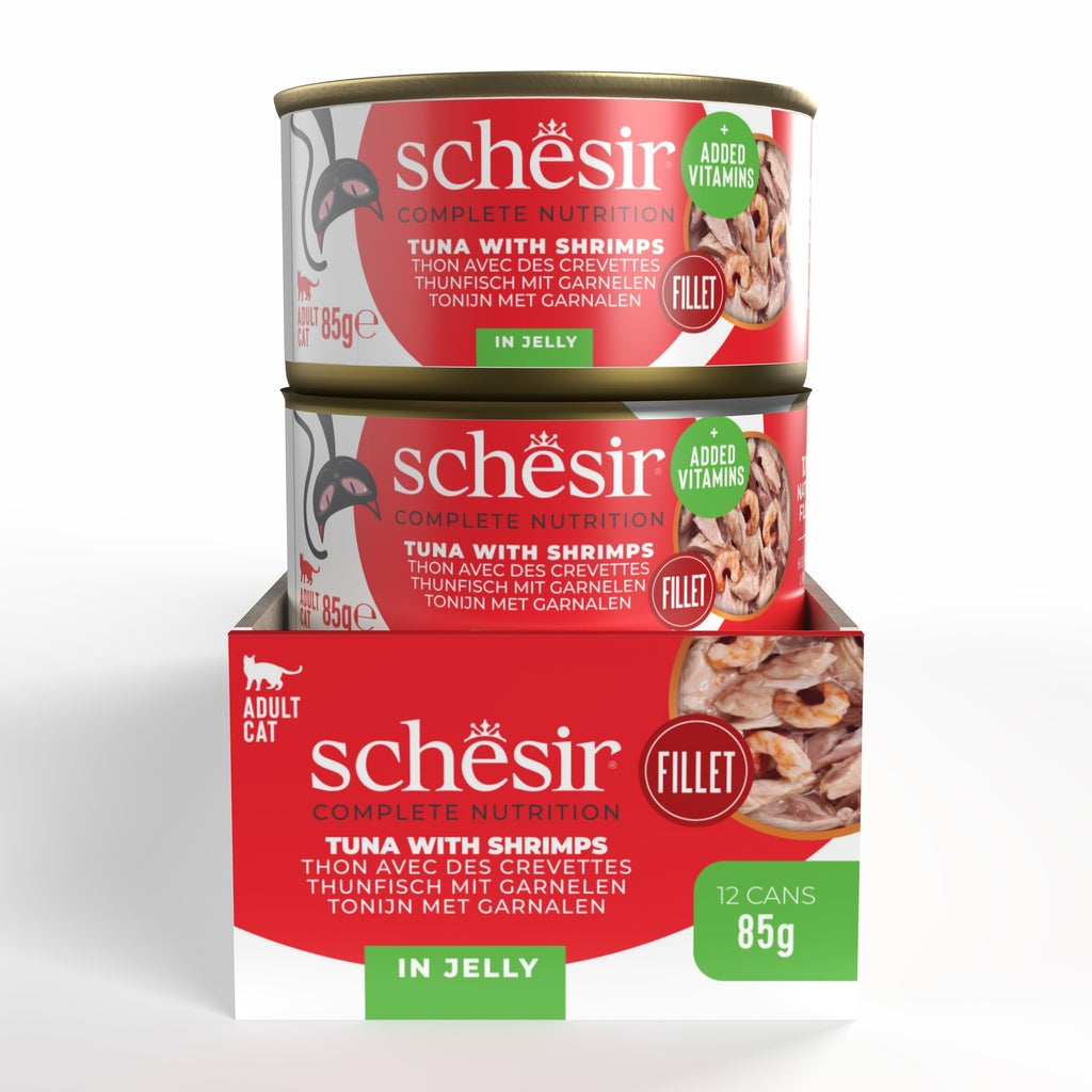 Schesir Complete Tuna with Shrimp in Jelly | 100% Natural Fillets | Added Vitamins | Adult Cat | 12x85g