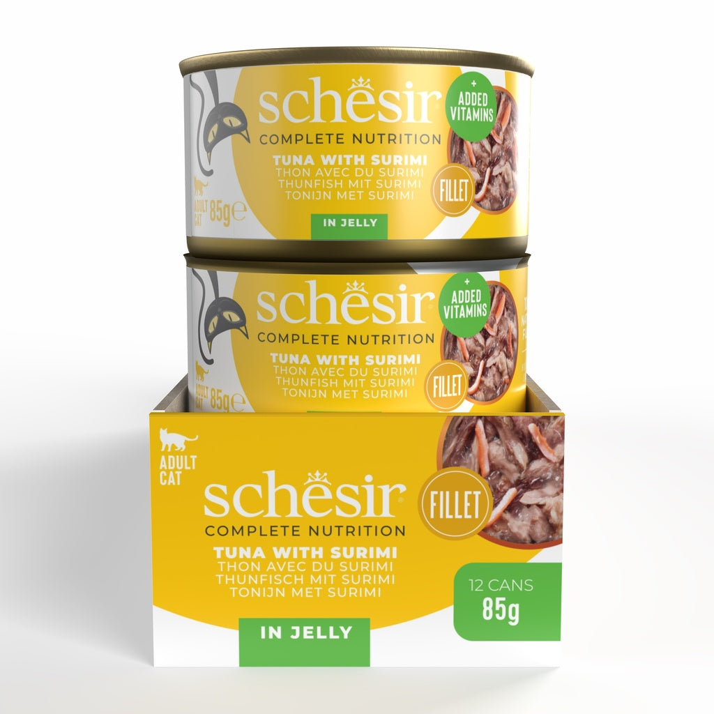 Schesir Complete Tuna with Surimi in Jelly | 100% Natural Fillets | Added Vitamins | Adult Cat | 12x85g
