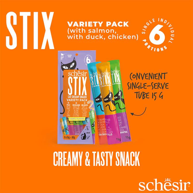 Schesir Stix Treat Variety Pack | Chicken, Duck & Salmon | Creamy Cat Snacks | Grain Free | 6x15g