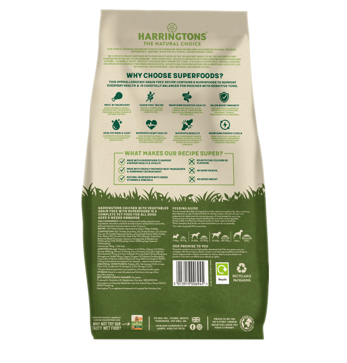 Harringtons Superfoods Adult Chicken & Vegetables Grain Free 1.7kg | Freshly Prepared Chicken | 6 Superfoods | Sensitive Stomachs | 1.7kg-12kg