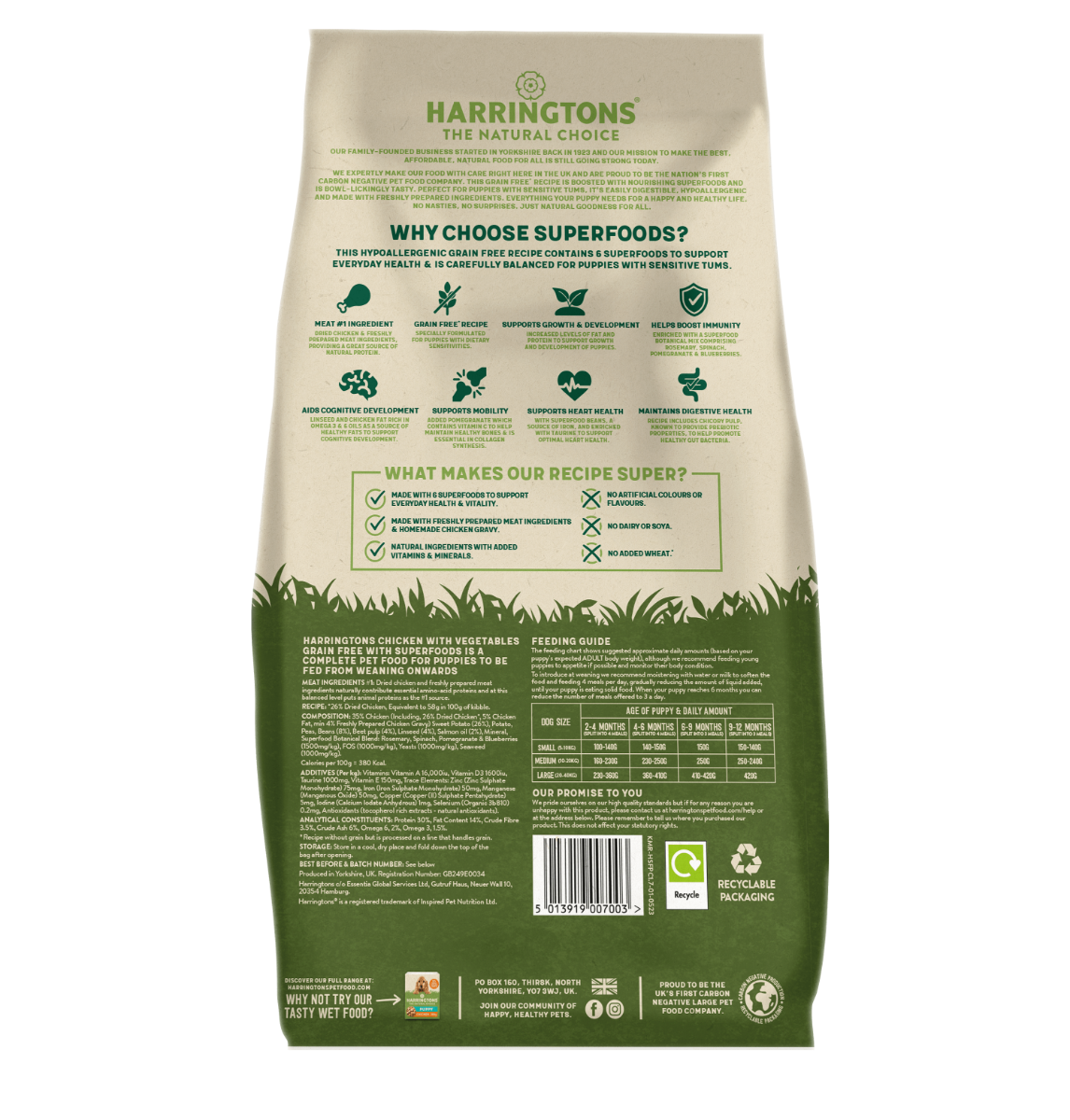 Harringtons Superfoods Puppy Chicken & Vegetables Grain Free | Freshly Prepared Chicken | 6 Superfoods | Sensitive Stomachs | 1.7kg-10kg