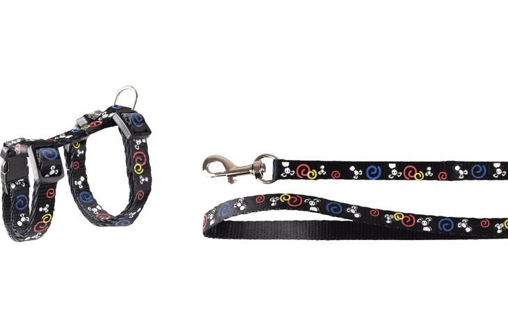Flamingo Topo Mouse Motif Kitten Harness & Leash Black | Adjustable Cat Harness with Mouse Print