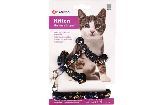 Flamingo Topo Mouse Motif Kitten Harness & Leash Black | Adjustable Cat Harness with Mouse Print