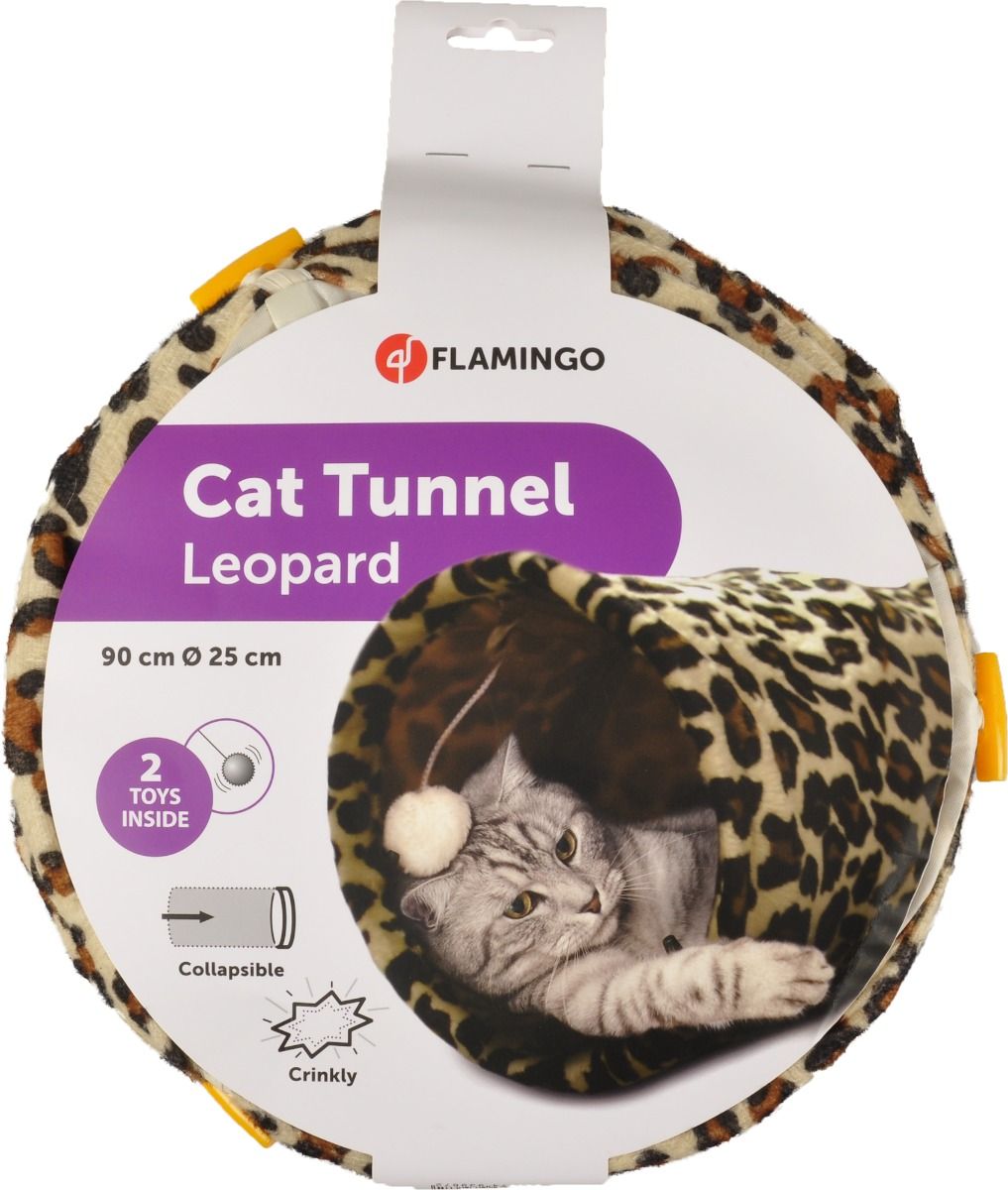 Flamingo Leopard Tunnel with Ball Brown Cat Toy | 90cm Collapsible Cat Tunnel with Crinkle Sounds