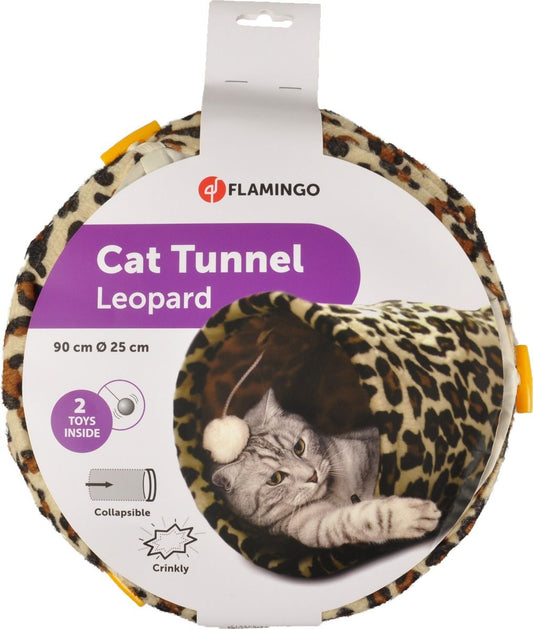 Flamingo Leopard Tunnel with Ball Brown Cat Toy | 90cm Collapsible Cat Tunnel with Crinkle Sounds