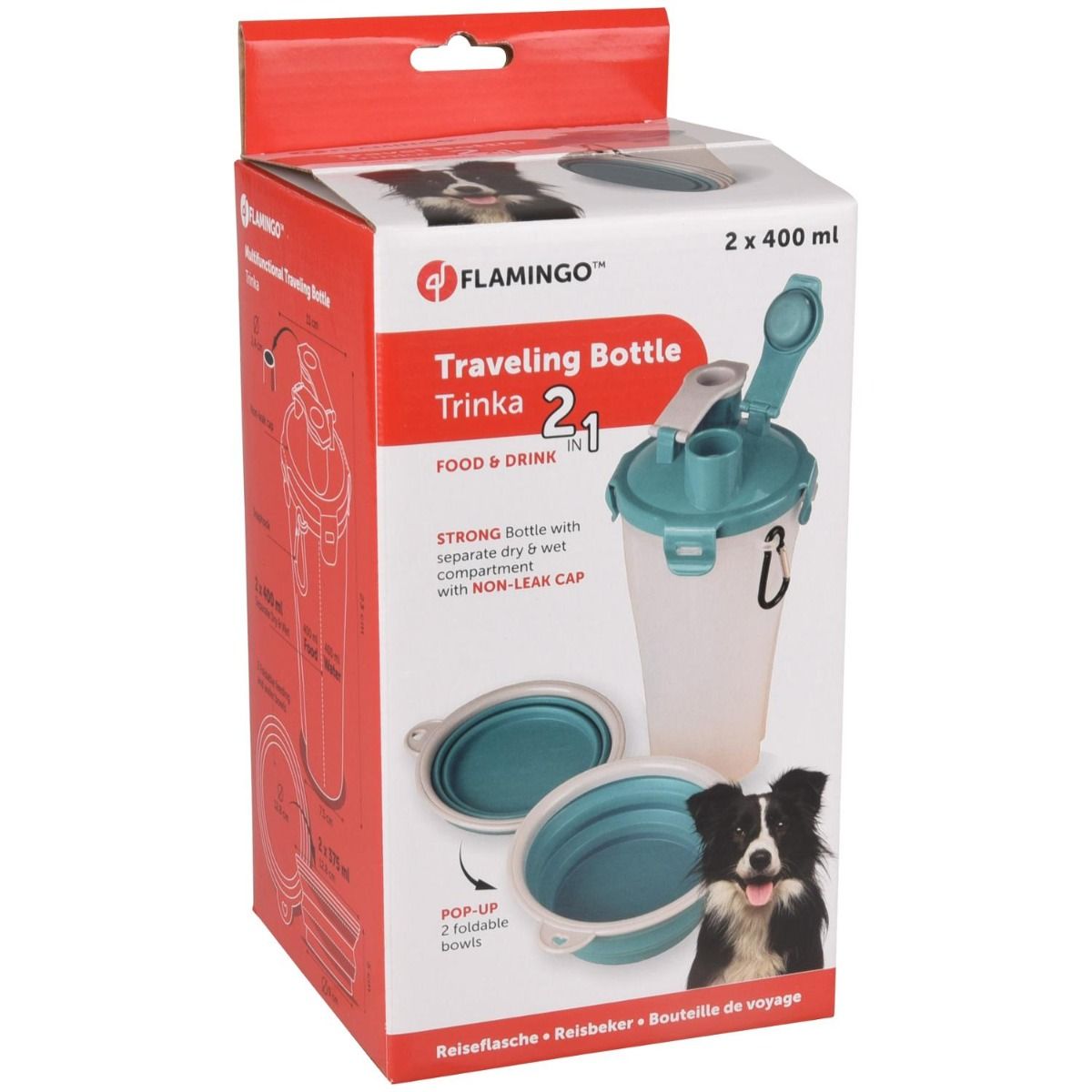 Flamingo 2-in-1 Trinka Traveling Bottle | Portable Pet Food & Water Container with Bowls