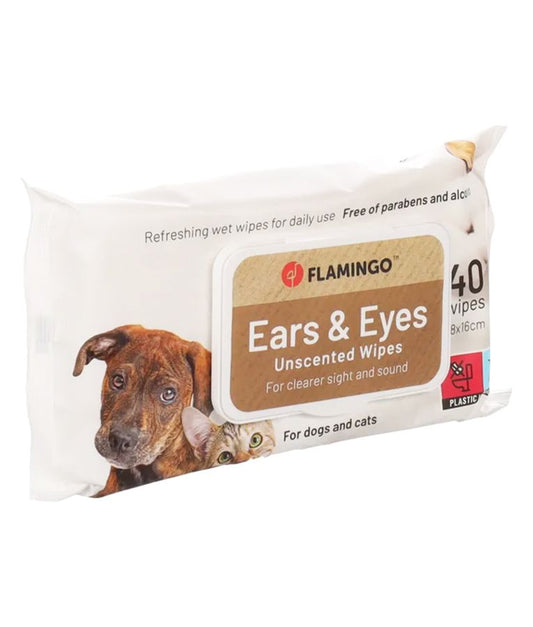 Flamingo Reini Ears & Eyes Unscented Cat & Dog Pet Wipes 40pcs | Gentle Cleaning for Sensitive Areas