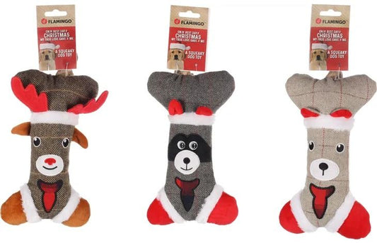 Flamingo Beto Bone + Rope Squeaky Christmas Dog Toy | Festive Plush Chew Toy for Holidays