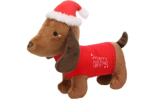 Flamingo Tikko Dachshund Brown Christmas Dog Toy | Festive Plush "On Me Best Day" Toy