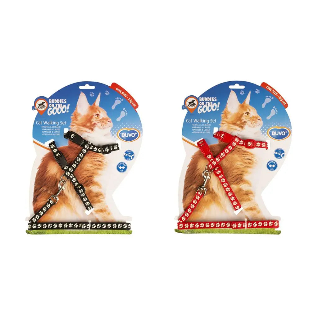 Duvo+ Big Cat Walking Set Paws | Adjustable Cat Harness & Leash Black/Red 30-50cm