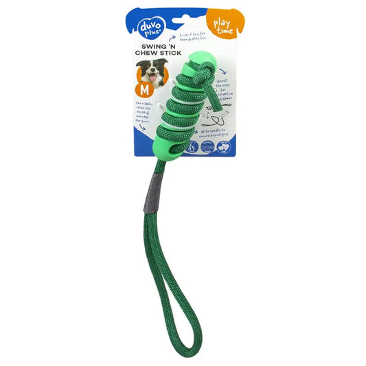 Duvo Swing 'n Chew Stick Green Medium | 2-in-1 Dental Tug Toy with Rope 14.5cm