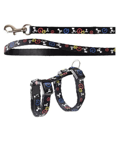 Flamingo Topo Mouse Motif Kitten Harness & Leash Black | Adjustable Cat Harness with Mouse Print