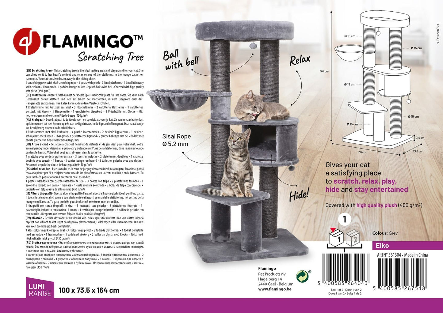 Flamingo Eiko Grey Cat Scratching Tree | Large 164cm Cat Tower with Sisal & Hideaway