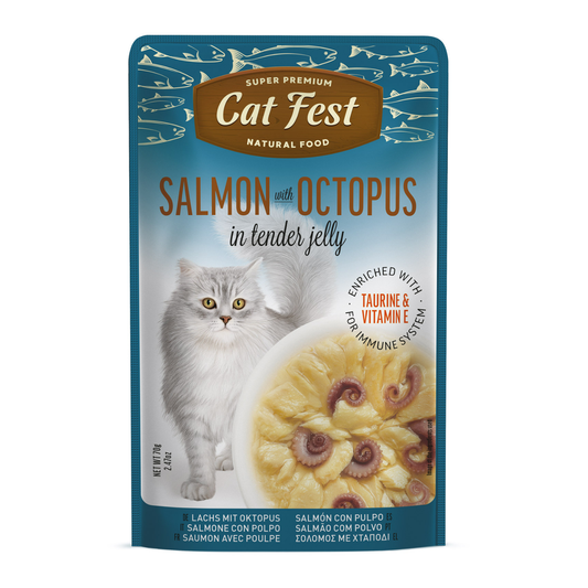 Cat Fest Salmon with Octopus in Tender Jelly For Cats | Premium Seafood Cat Food (70g/12x70g)