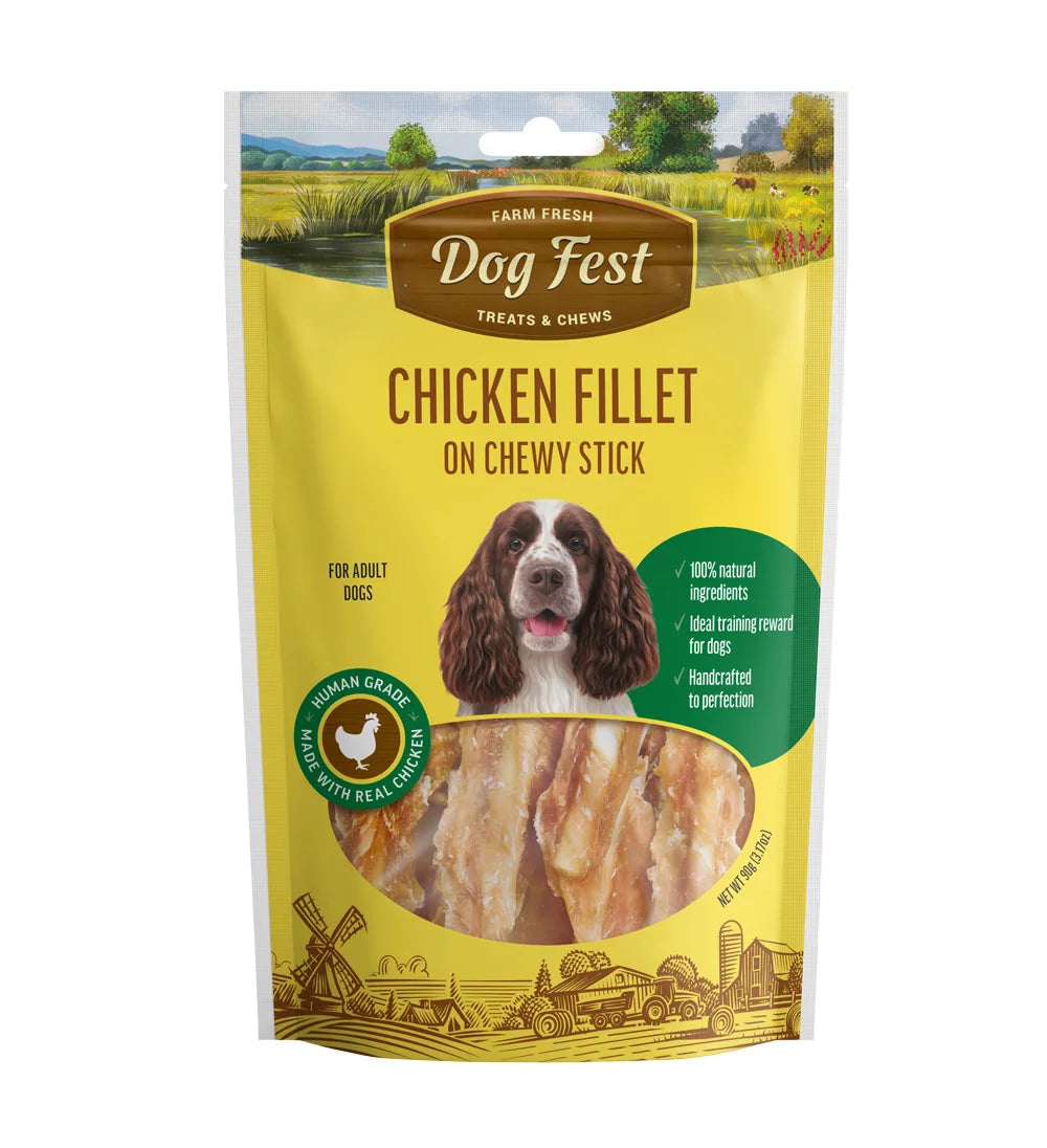 Dog Fest Chicken Fillet On Chewy Stick For Adult Dogs 90g | Whole Chicken Breast on Rawhide