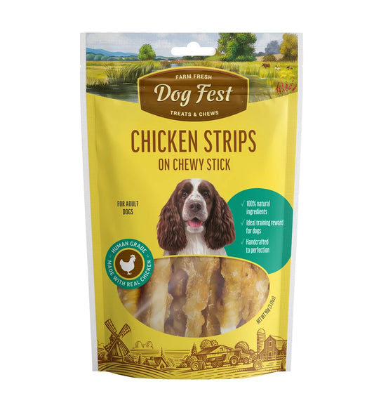 Dog Fest Chicken Strips On Chewy Stick For Adult Dogs 90g | 65% Protein Rawhide Chew