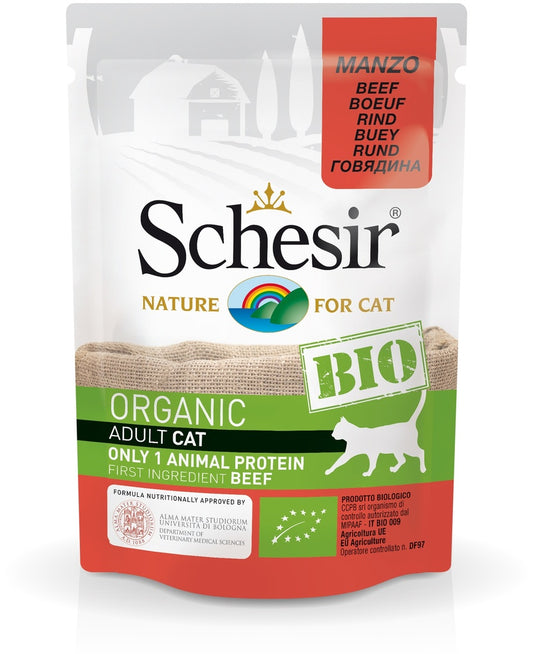 Schesir Bio Organic Adult Cat Food Beef | Single Protein | EU Organic | First Ingredient Beef | 16x85g