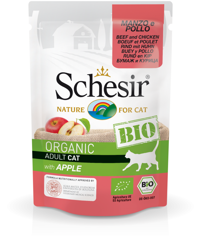 Schesir Bio Organic Adult Cat Food Beef and Chicken with Apple | Single Protein | EU Organic | 16x85g