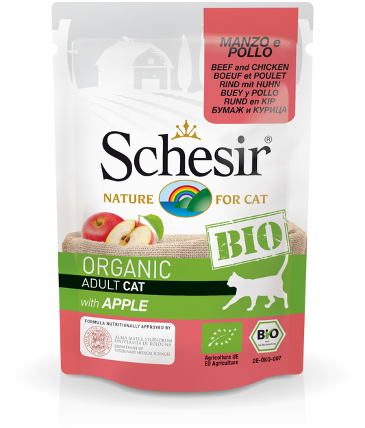 Schesir Bio Organic Adult Cat Food Beef and Chicken with Apple | Single Protein | EU Organic | 16x85g