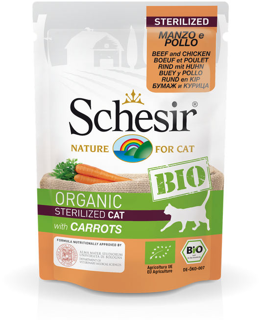 Schesir Bio Organic Sterilized Cat Food Beef and Chicken with Carrots | Single Protein | EU Organic | 16x85g