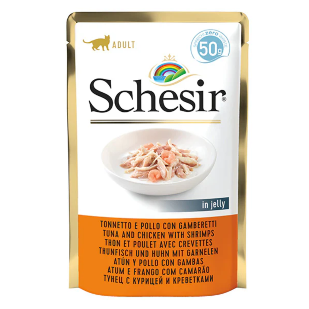 Schesir Cat Pouch Tuna with Chicken with Shrimps | Adult Cat | In Jelly | Zero Range | Complementary | 30x50g