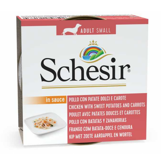 Schesir Dog Wet Food Chicken with Sweet Potatoes and Carrots | Small Adult | In Sauce | Complementary | 14x85g