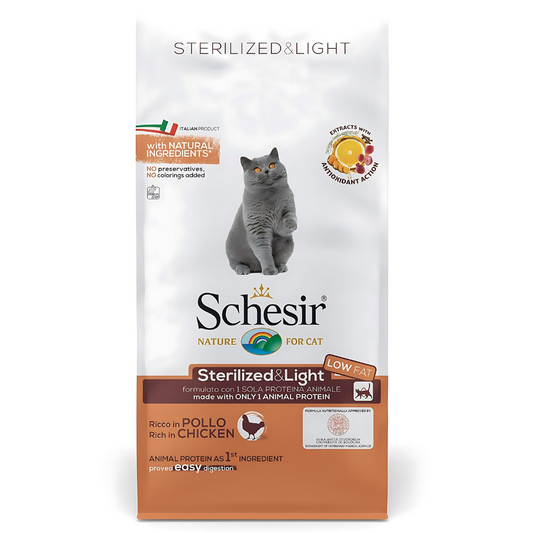 Schesir Sterilized & Light Dry Cat Food Rich in Chicken | Single Protein | Low Fat | Easy Digestion | 10kg