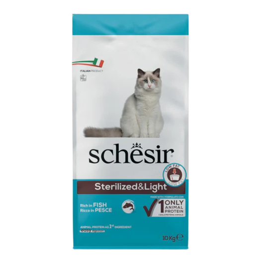 Schesir Sterilized & Light Dry Cat Food Rich in Fish | Single Protein | Only Animal Protein | Weight Control | 10kg