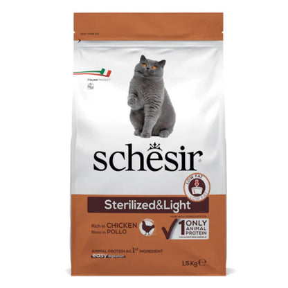 Schesir Sterilized & Light Dry Cat Food Rich in Chicken | Single Protein | Only Animal Protein | Weight Control | 1.5kg