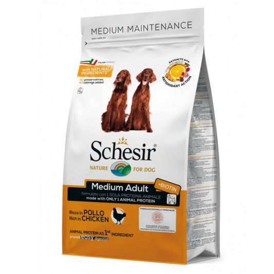 Schesir Medium Adult Maintenance Dry Food with Chicken | Single Protein | Only Animal Protein | With Biotin | Easy Digestion | 3kg-12kg