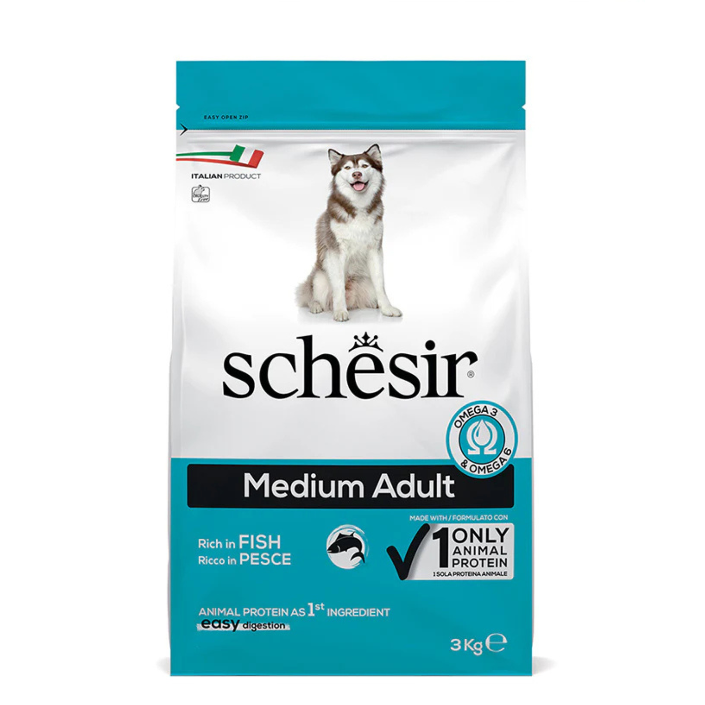 Schesir Medium Adult Dry Food with Fish | Single Protein | Omega-3 & Omega-6 | Easy Digestion | 3kg