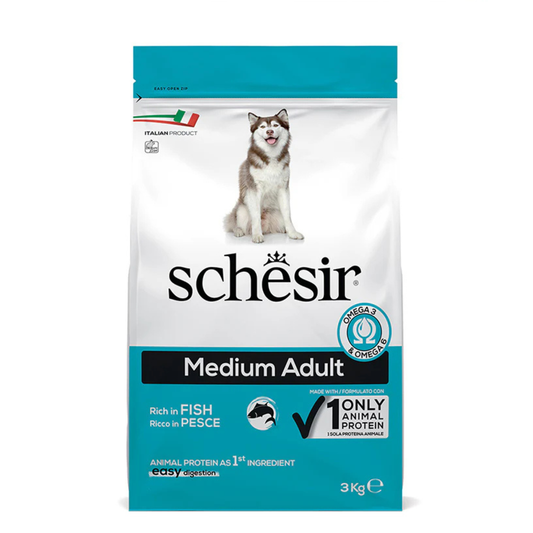 Schesir Medium Adult Dry Food with Fish | Single Protein | Omega-3 & Omega-6 | Easy Digestion | 3kg
