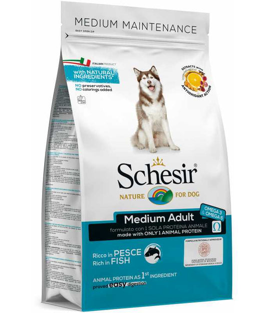 Schesir Medium Adult Dry Food with Fish | Single Protein | Omega-3 & Omega-6 | Easy Digestion | 3kg