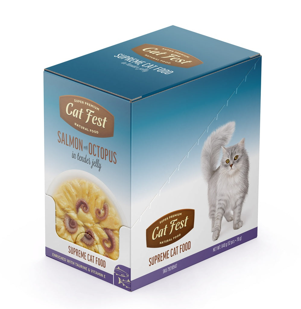 Cat Fest Salmon with Octopus in Tender Jelly For Cats | Premium Seafood Cat Food (70g/12x70g)