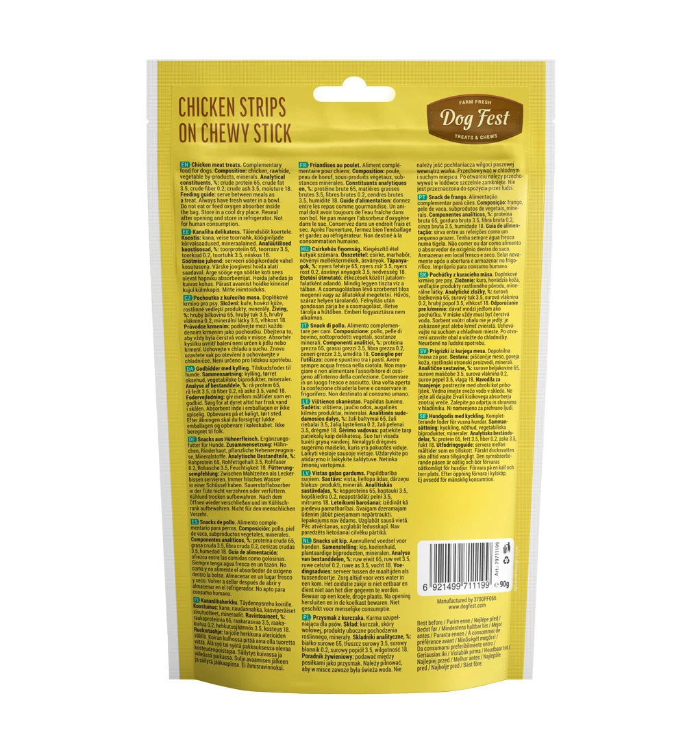 Dog Fest Chicken Strips On Chewy Stick For Adult Dogs 90g | 65% Protein Rawhide Chew
