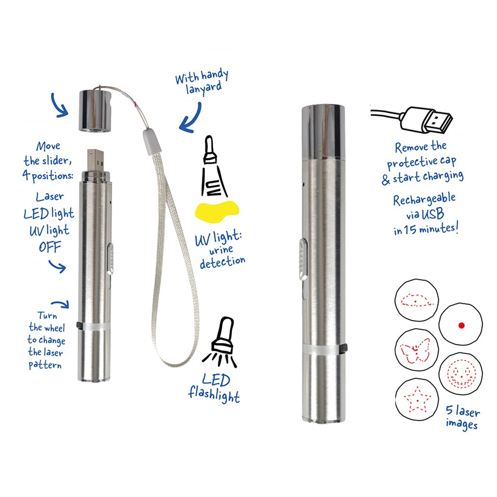 Duvo+ 7 in 1 Laser Cat Toy with Urine Detection | USB Rechargeable Silver 11.5cm