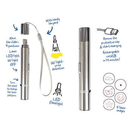 Duvo+ 7 in 1 Laser Cat Toy with Urine Detection | USB Rechargeable Silver 11.5cm